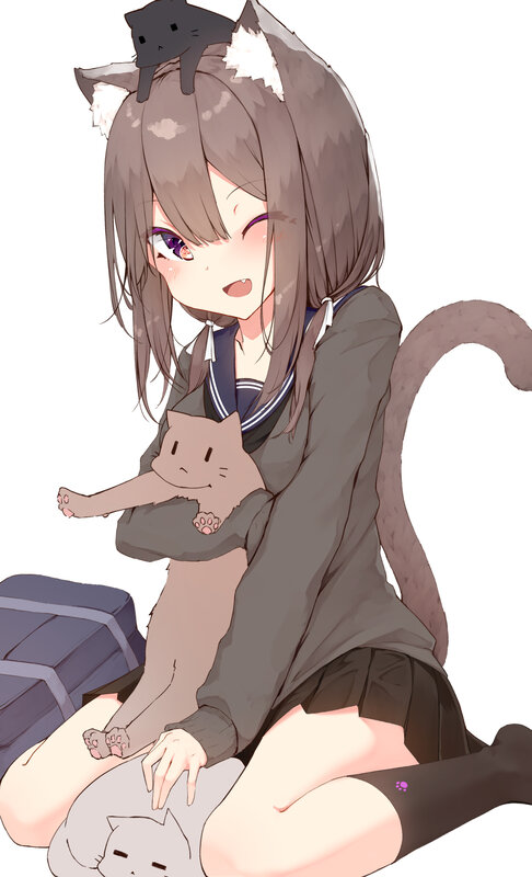 Anime Girl with Cats — Gray, Playful