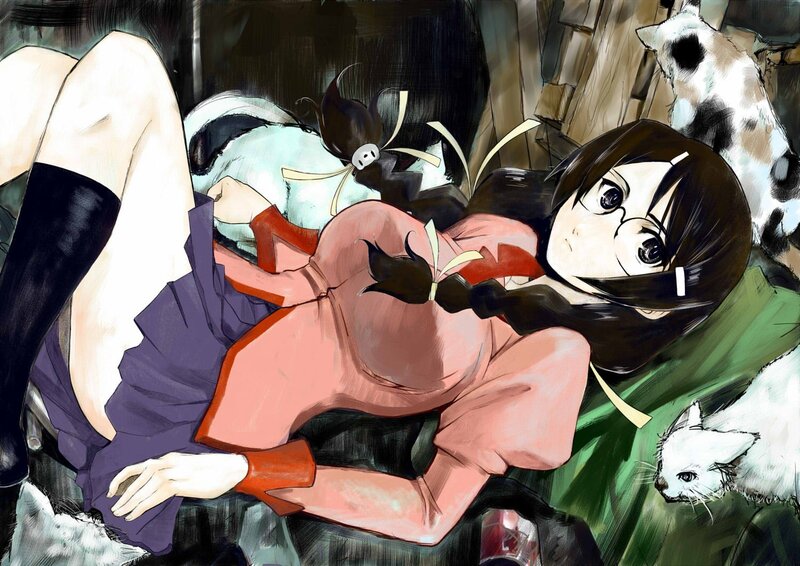 Anime Girl with Cats — Green, Calm, Manga
