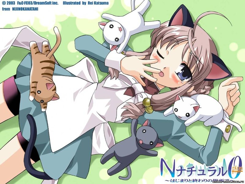 Anime Girl with Cats — Green, Playful