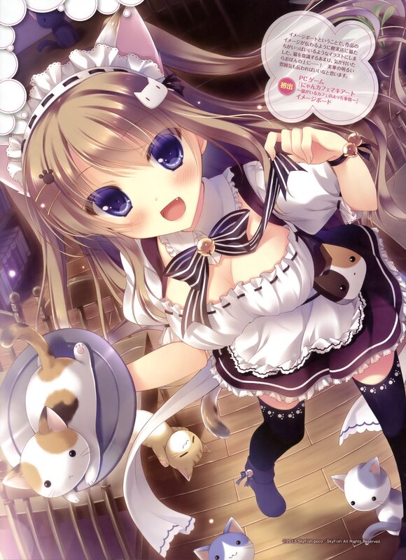 Anime girl with cats in cafe