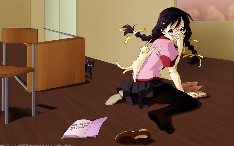 Anime girl with cats in classroom