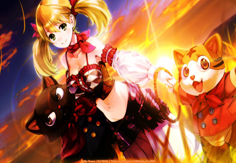 Anime girl with cats in fire