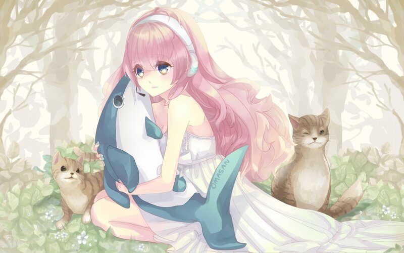 Anime girl with cats in forest