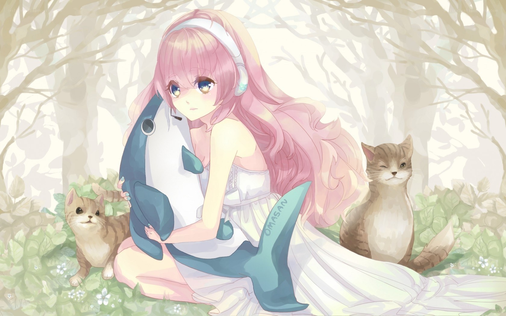 Anime girl with cats in forest