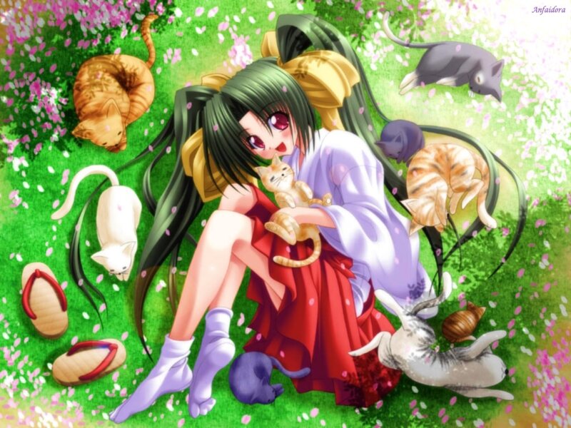 Anime girl with cats in garden