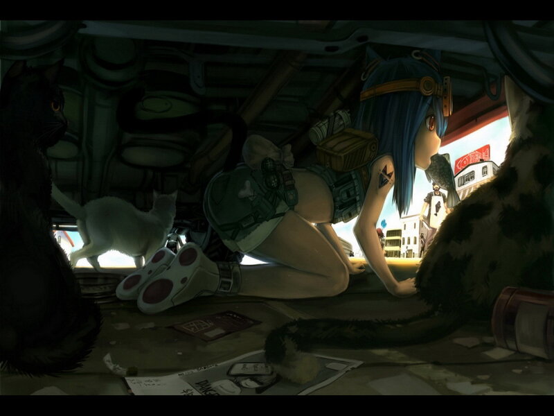 anime girl with cats in vehicle