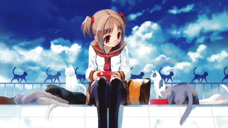Anime girl with cats on a rooftop
