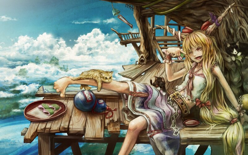Anime girl with cats on a treehouse