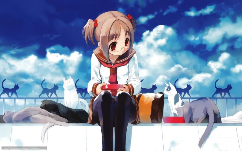 Anime girl with cats on rooftop