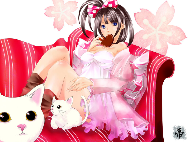 Anime Girl with Cats — Pink, Calm