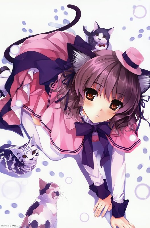 Anime Girl with Cats — Pink, Playful, Cat Ears