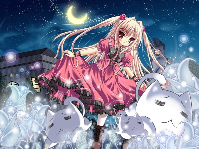 Anime Girl with Cats — Pink, Serene
