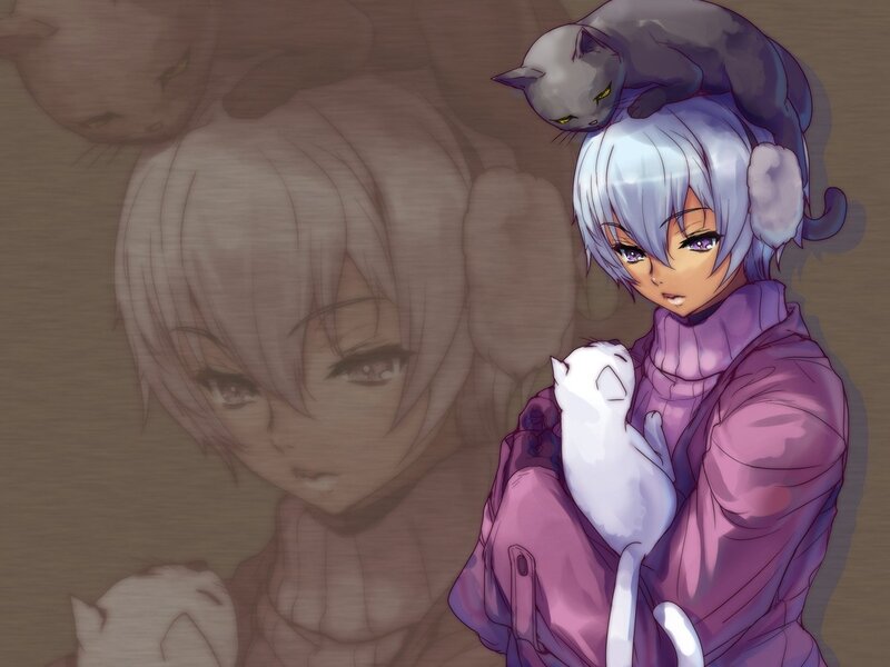 Anime Girl with Cats — Purple, Calm, Digital Art
