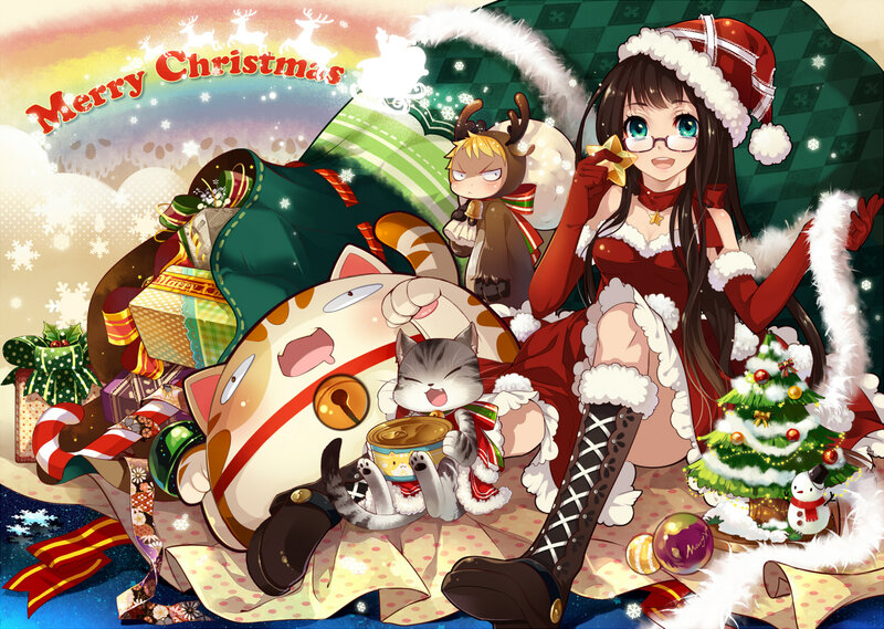 Anime Girl with Cats — Red, Festive