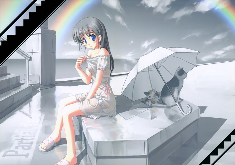 Anime girl with cats under rainbow