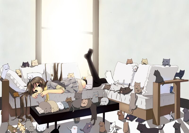 Anime Girl with Cats — White, Calm, Morning, Couch, Window