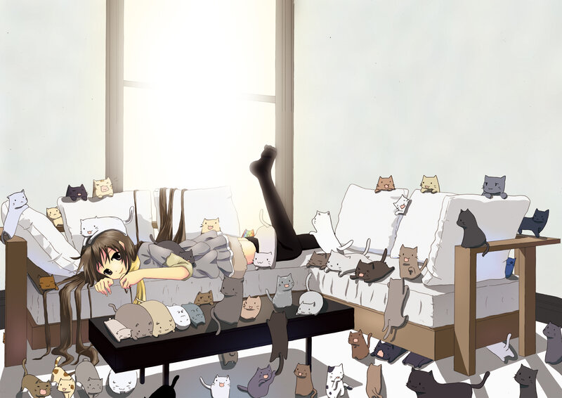 Anime Girl with Cats — White, Calm, Morning, Manga, Sofa
