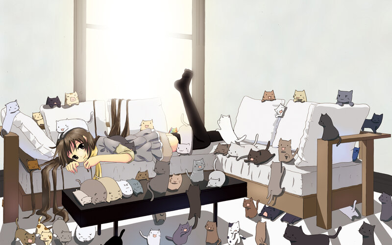 Anime Girl with Cats — White, Calm, Morning, Manga