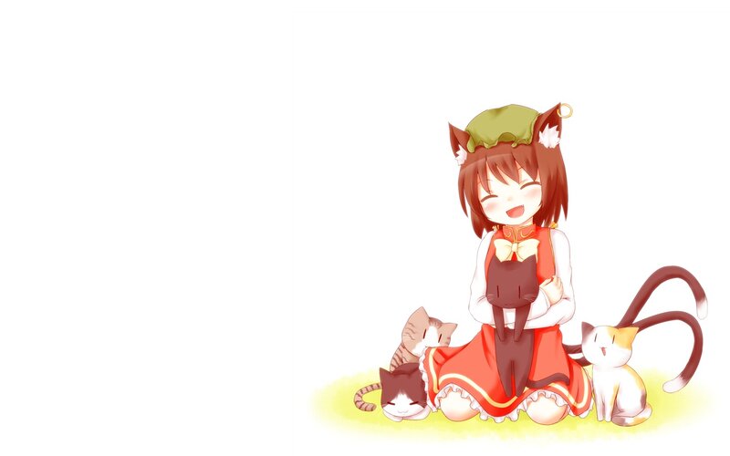 Anime Girl with Cats — White, Happy