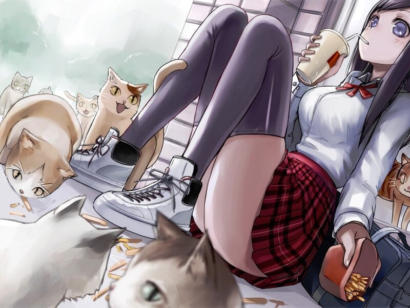 Anime Girl with Cats — White, Playful
