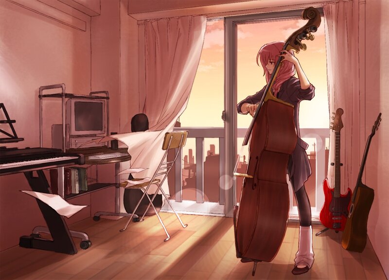 Anime girl with cello at sunset