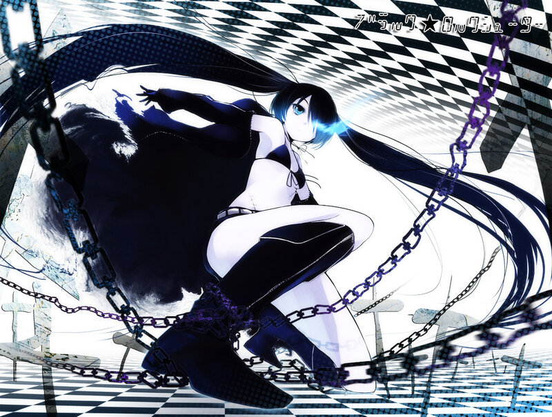 Anime Girl with Chains — Black, Dramatic, Long Hair, Checkered Background
