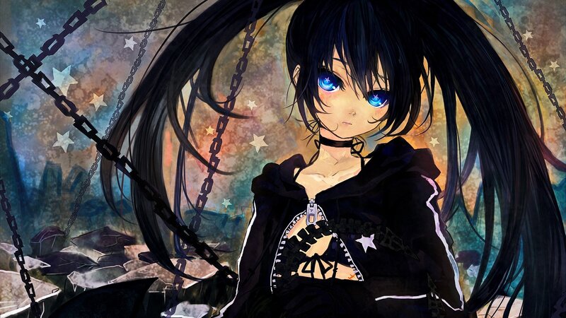 Anime Girl with Chains — Black, Dramatic, Night, Digital Art, Stars