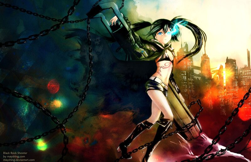 Anime Girl with Chains — Black, Dramatic, Sunset
