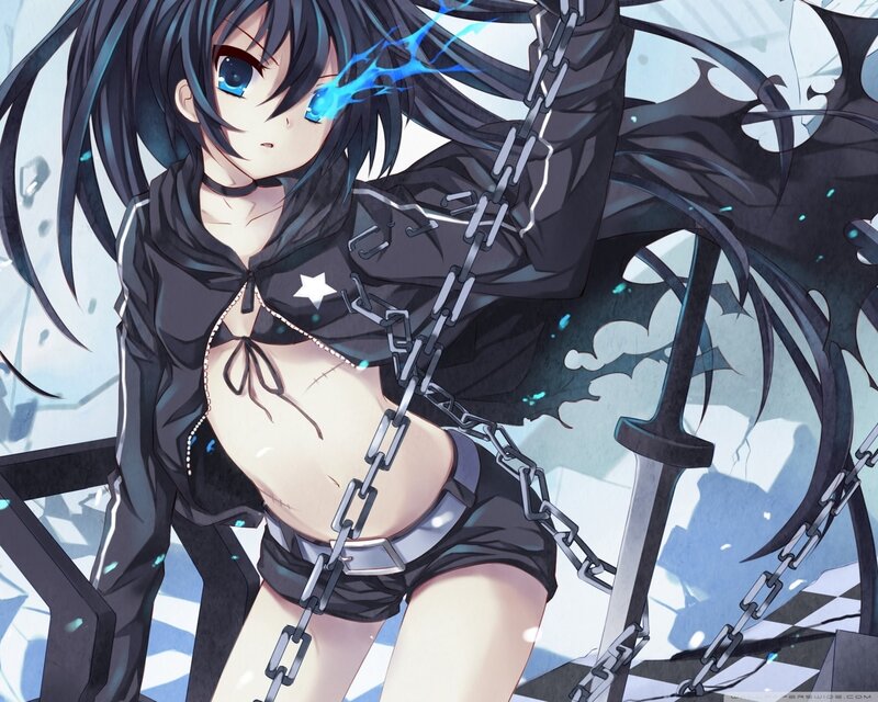 Anime Girl with Chains — Black, Dramatic, Sword, Blue Lightning
