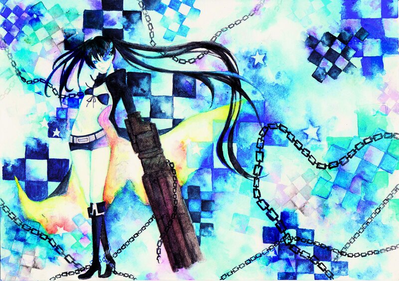Anime Girl with Chains — Blue, Dramatic, Digital Art, Checkered Pattern