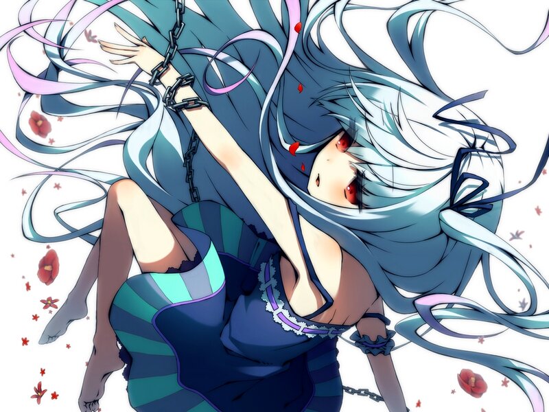 Anime Girl with Chains — Blue, Dramatic, Red Flowers
