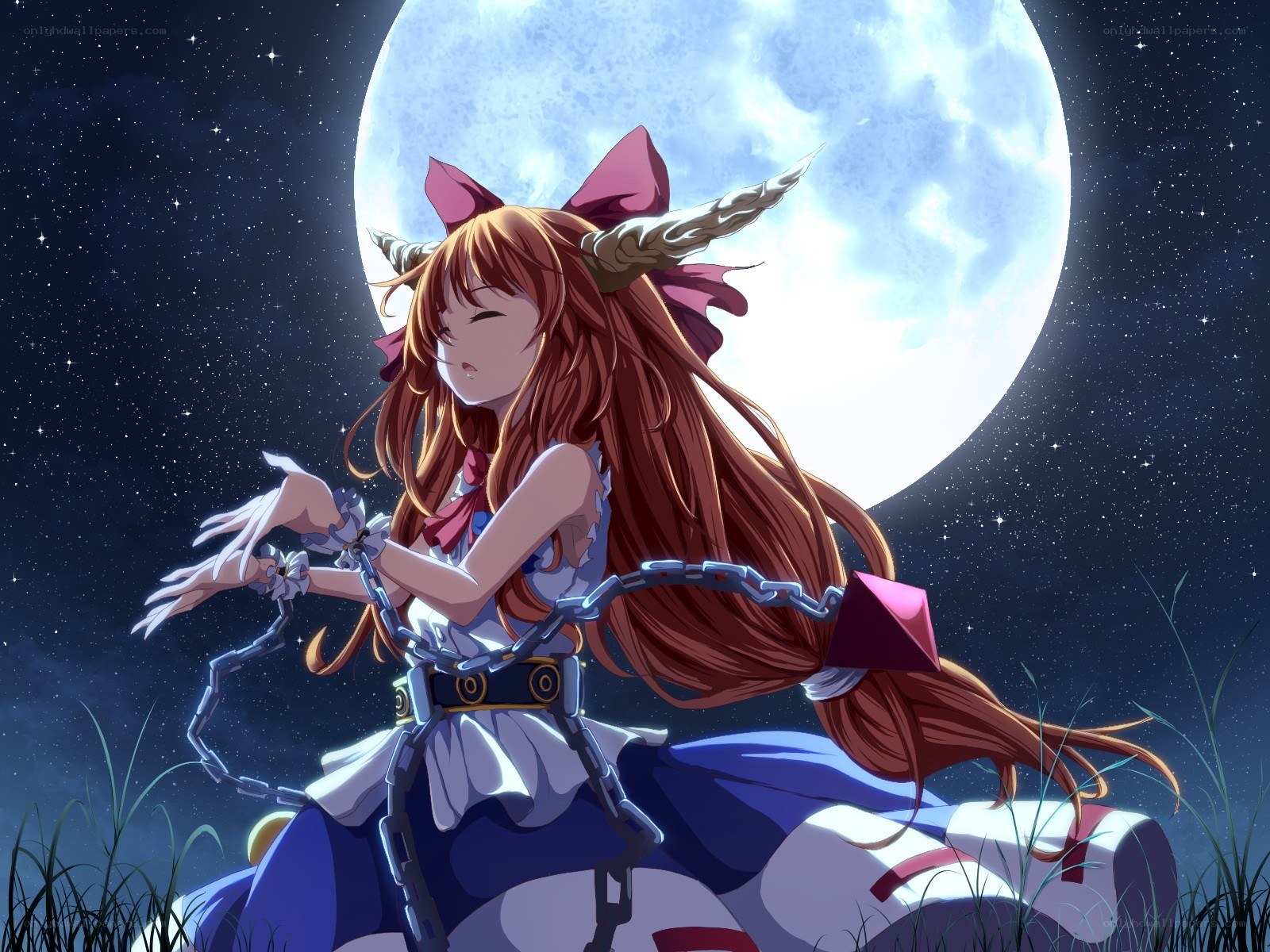 Anime girl with chains under moon
