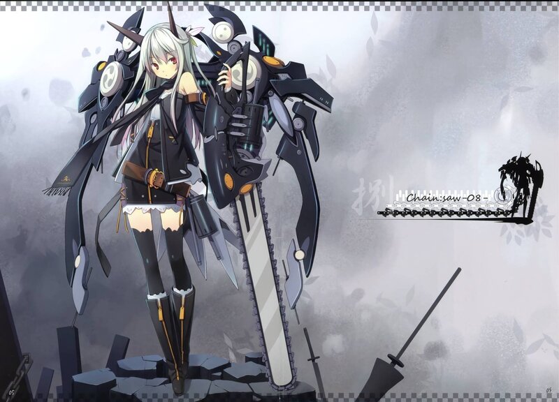 Anime Girl with Chainsaw — Black, Dramatic, Digital Art, Mechanical Armor