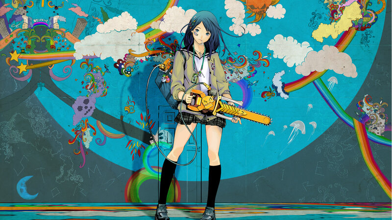 Anime Girl with Chainsaw — Blue, Chaotic, Digital Art, School Uniform