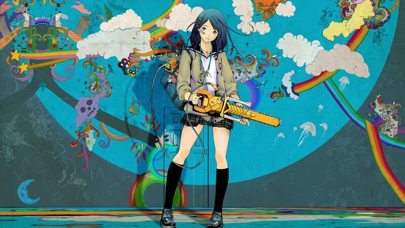 Anime Girl with Chainsaw — Blue, Chaotic, Digital Art