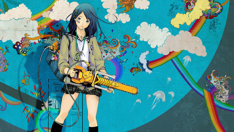 Anime Girl with Chainsaw — Blue, Chaotic, Manga, Rainbow, Jellyfish