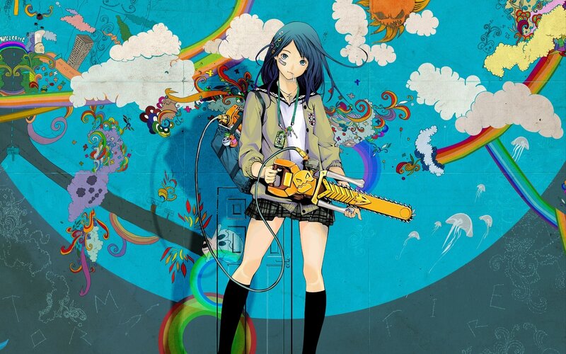 Anime Girl with Chainsaw — Blue, Chaotic, Rainbow, Clouds