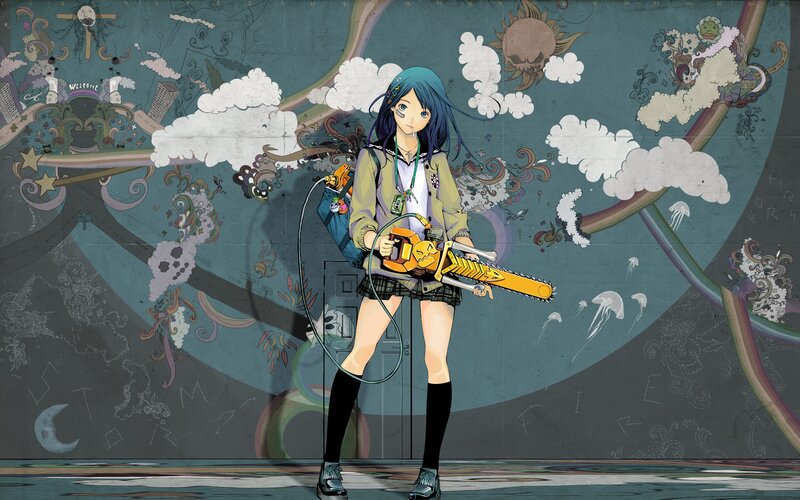 Anime Girl with Chainsaw — Blue, Dramatic, Manga
