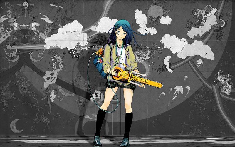 Anime Girl with Chainsaw — Blue, Dramatic, School Uniform