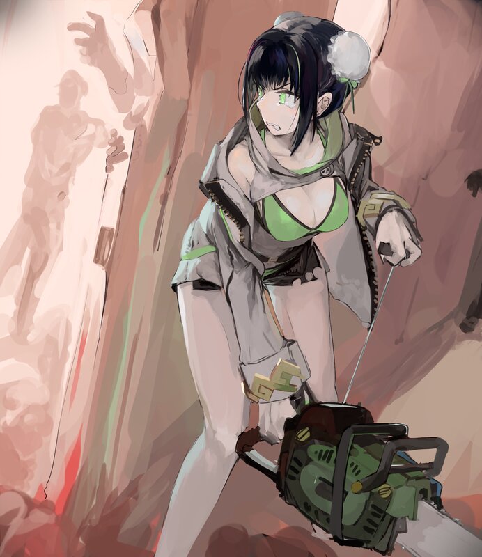 Anime Girl with Chainsaw — Green, Dramatic