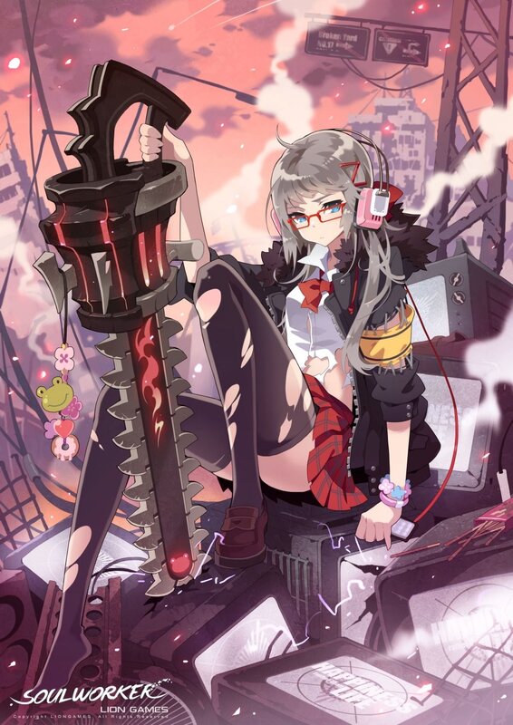 Anime girl with chainsaw in ruins