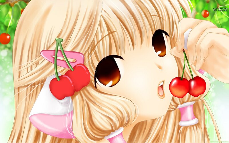 Anime Girl with Cherries — Blonde, Playful