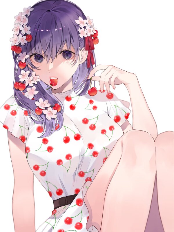 Anime Girl with Cherries — White