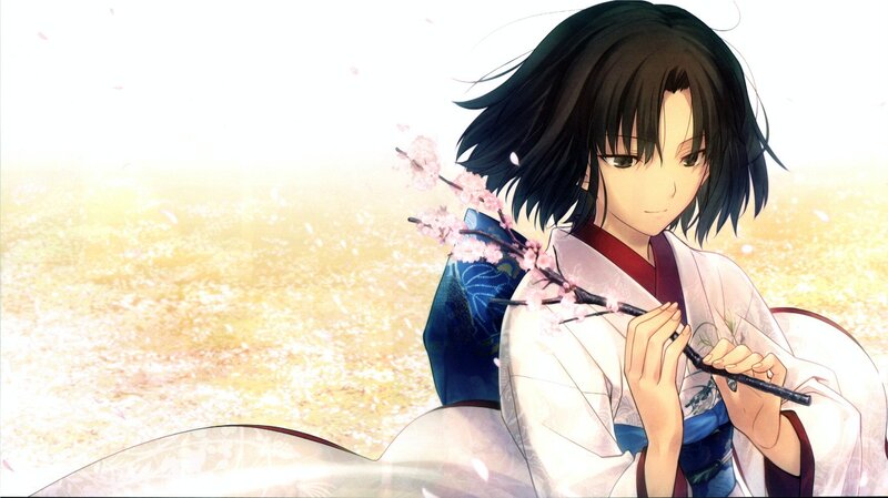 Anime Girl with Cherry Blossom — White, Serene, Spring