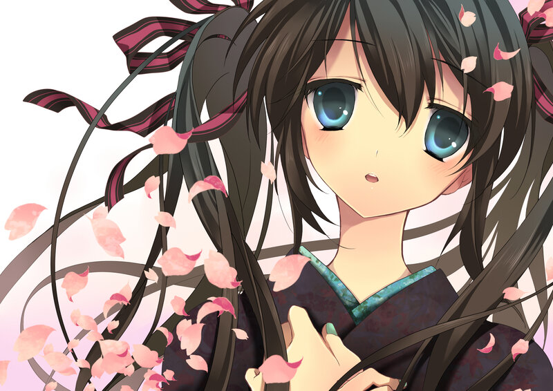 Anime Girl with Cherry Blossoms — Black, Serene, Spring