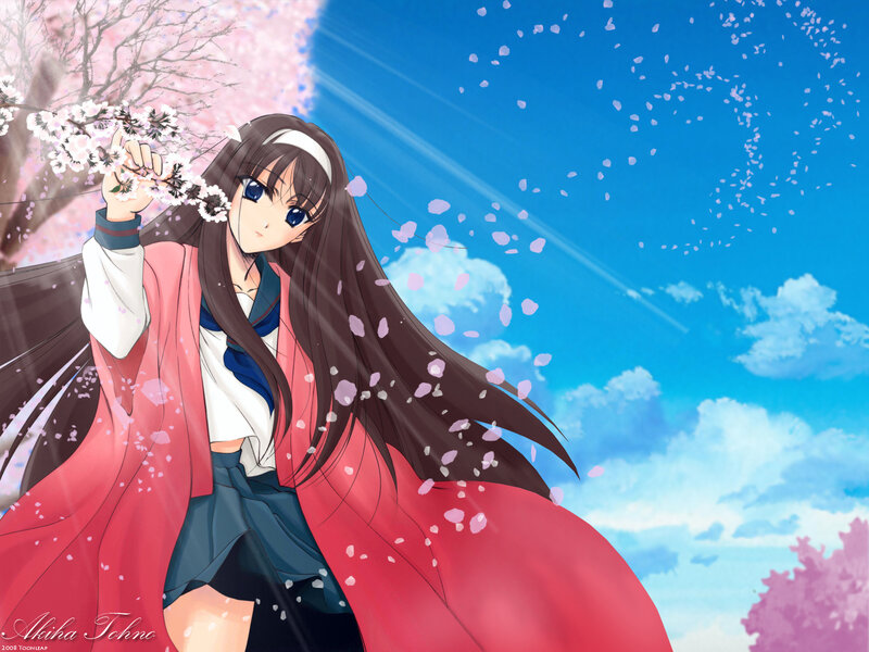 Anime Girl with Cherry Blossoms — Blue, Serene, Spring, Cherry Blossoms, School Uniform