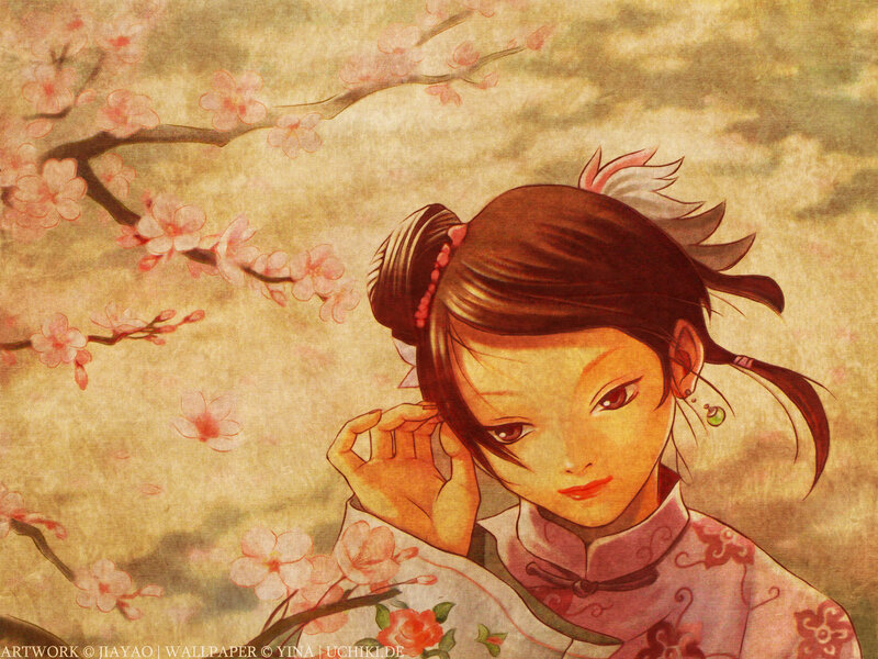 Anime Girl with Cherry Blossoms — Brown, Serene