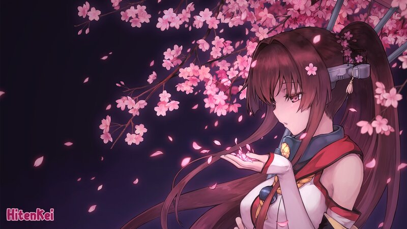 Anime Girl with Cherry Blossoms — Pink, Serene, Night, Digital Art