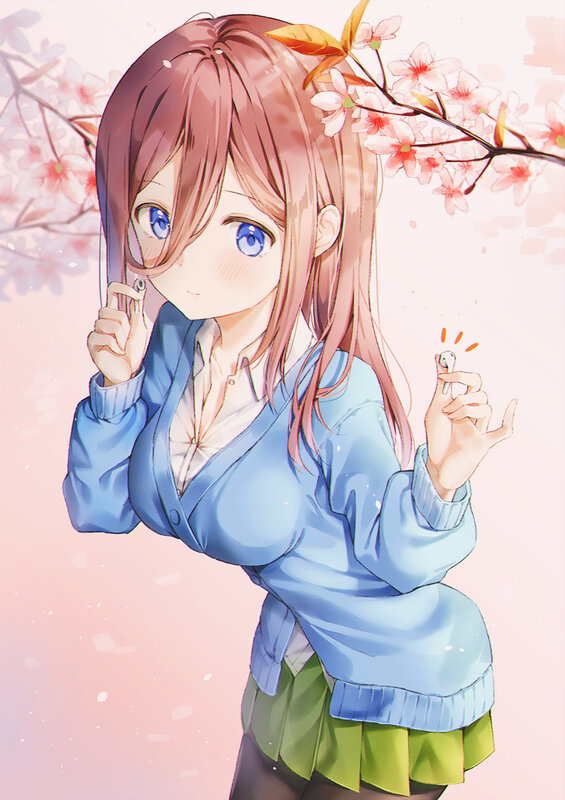 Anime Girl with Cherry Blossoms — Pink, Serene, Spring, Cherry Blossoms, Blue Sweater