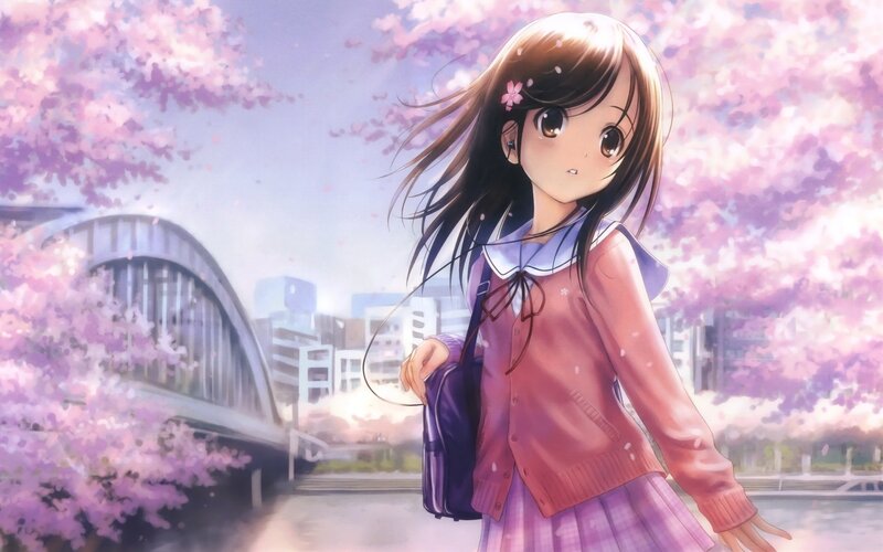 Anime Girl with Cherry Blossoms — Pink, Serene, Spring, Cherry Blossoms, Bridge